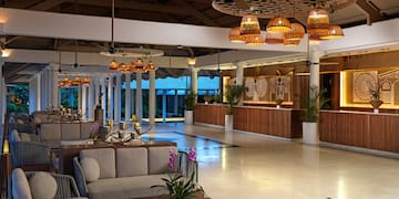 a lobby with a large reception area