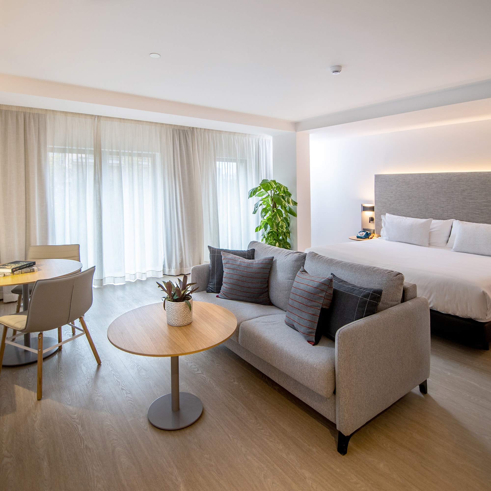 a room with a bed and a table