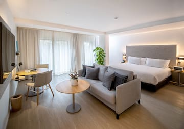 a room with a bed and a table
