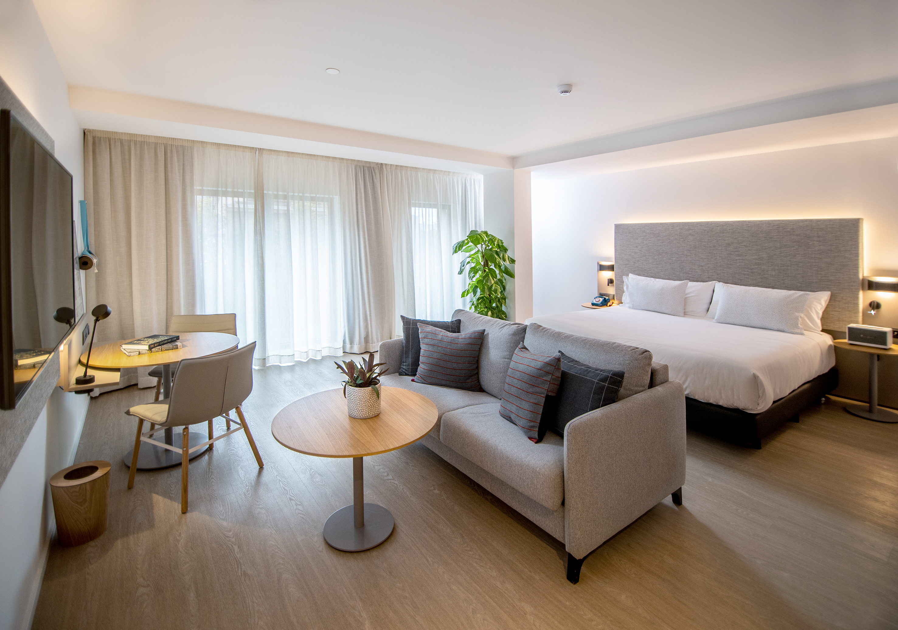 Modern hotel studio with bed, grey sofa, dining area, and large windows.