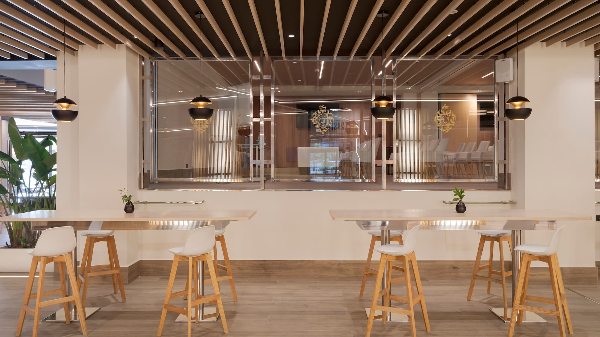 a room with tables and chairs