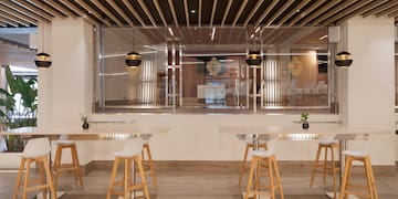 a room with tables and chairs