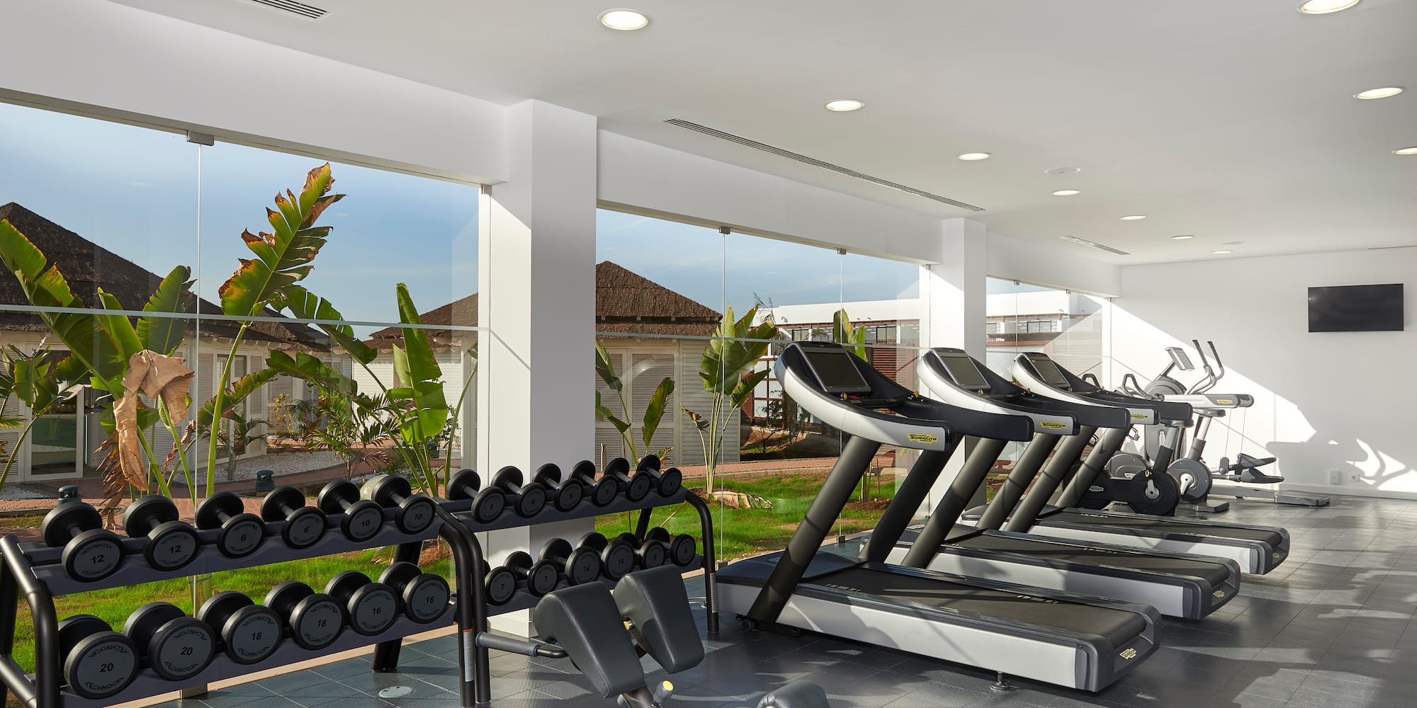a room with treadmills and exercise equipment
