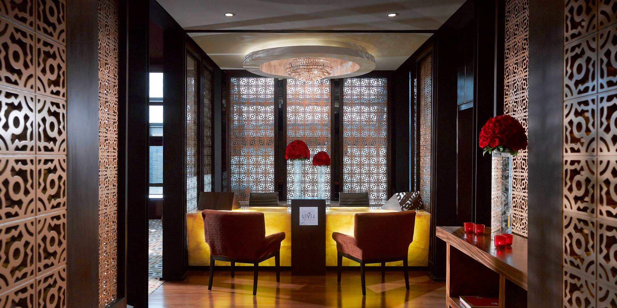 a room with a table and chairs