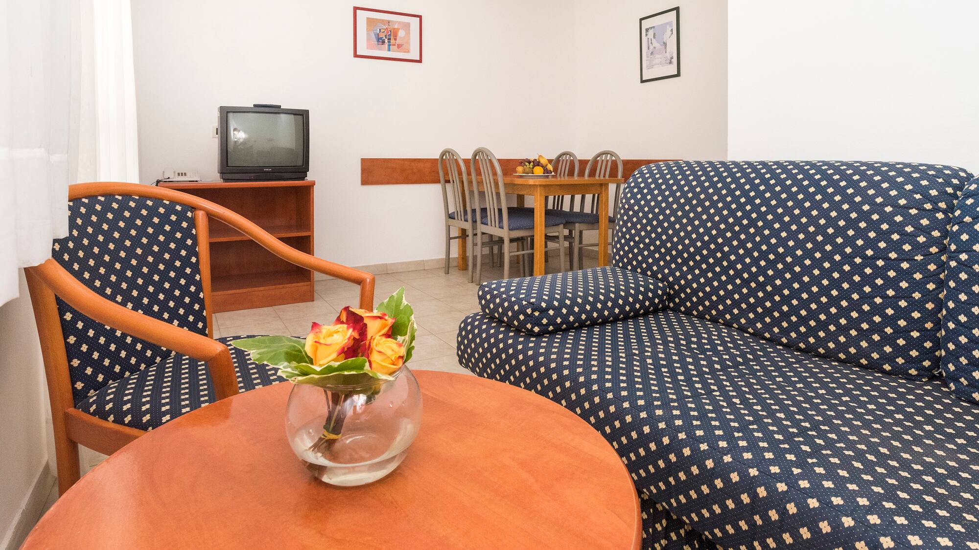 a room with a couch and a television