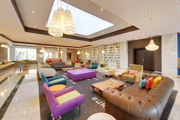 a room with colorful furniture