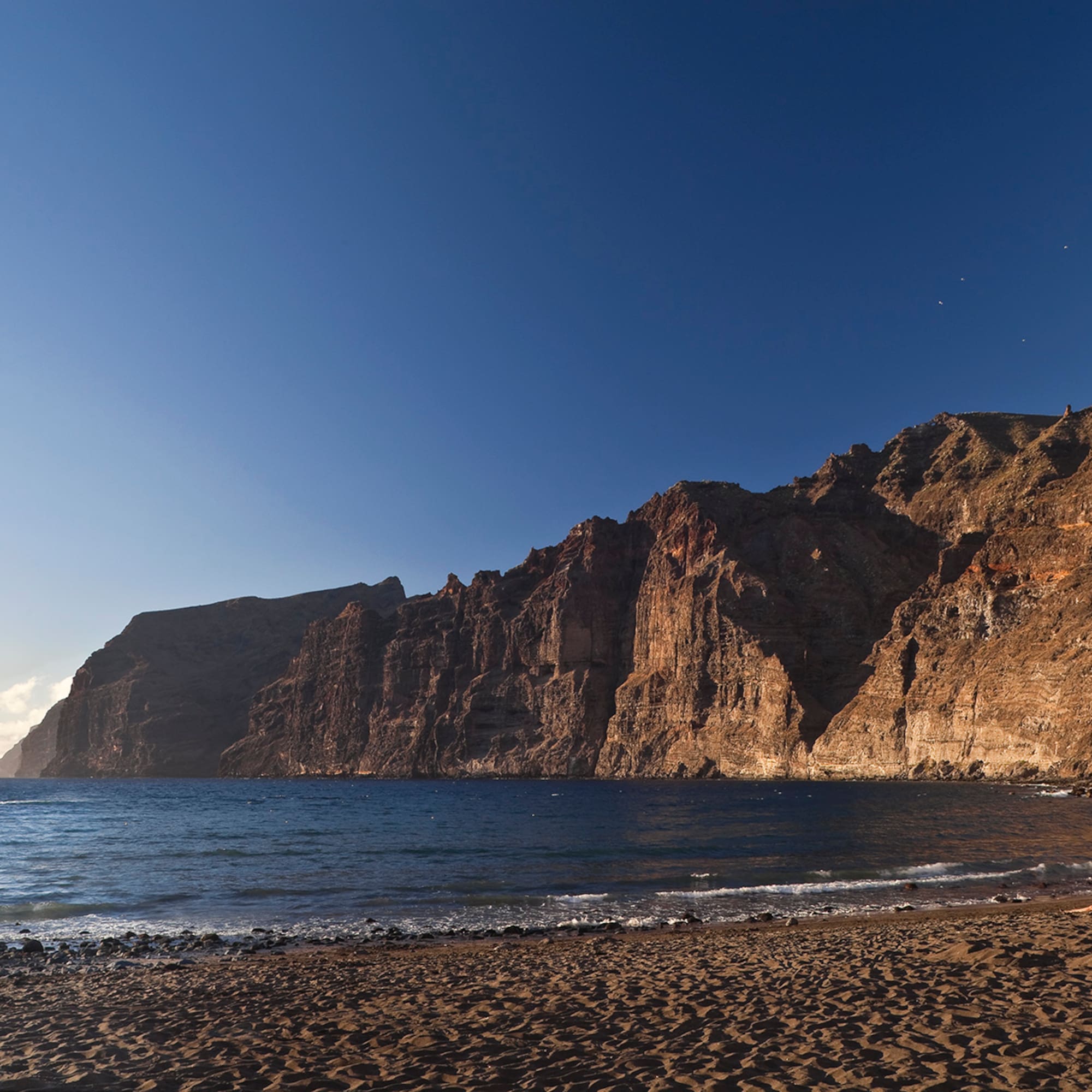 a beach with a body of water and mountains