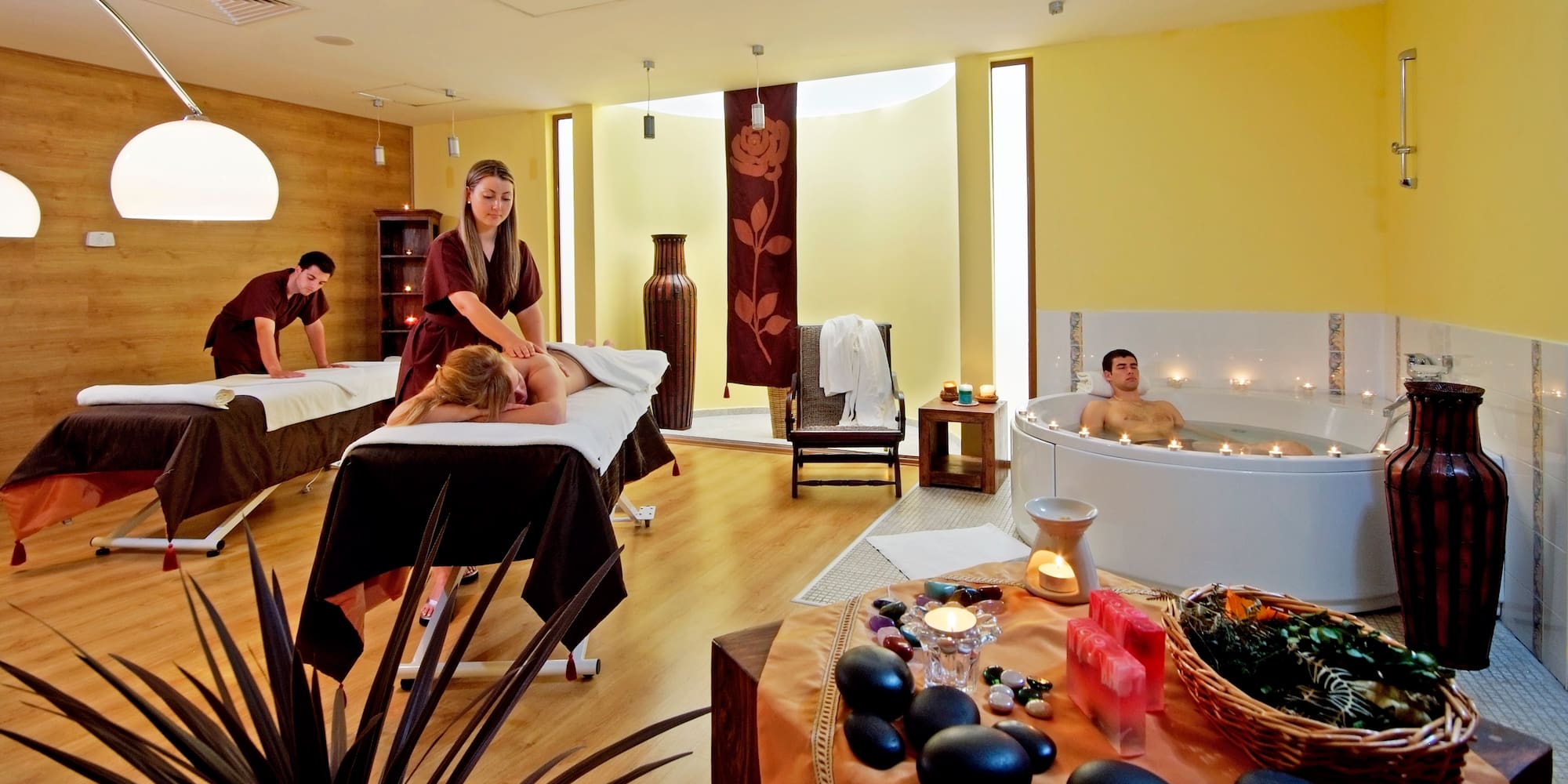 a group of people in a spa room