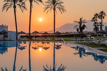 a pool with palm trees and a sunset