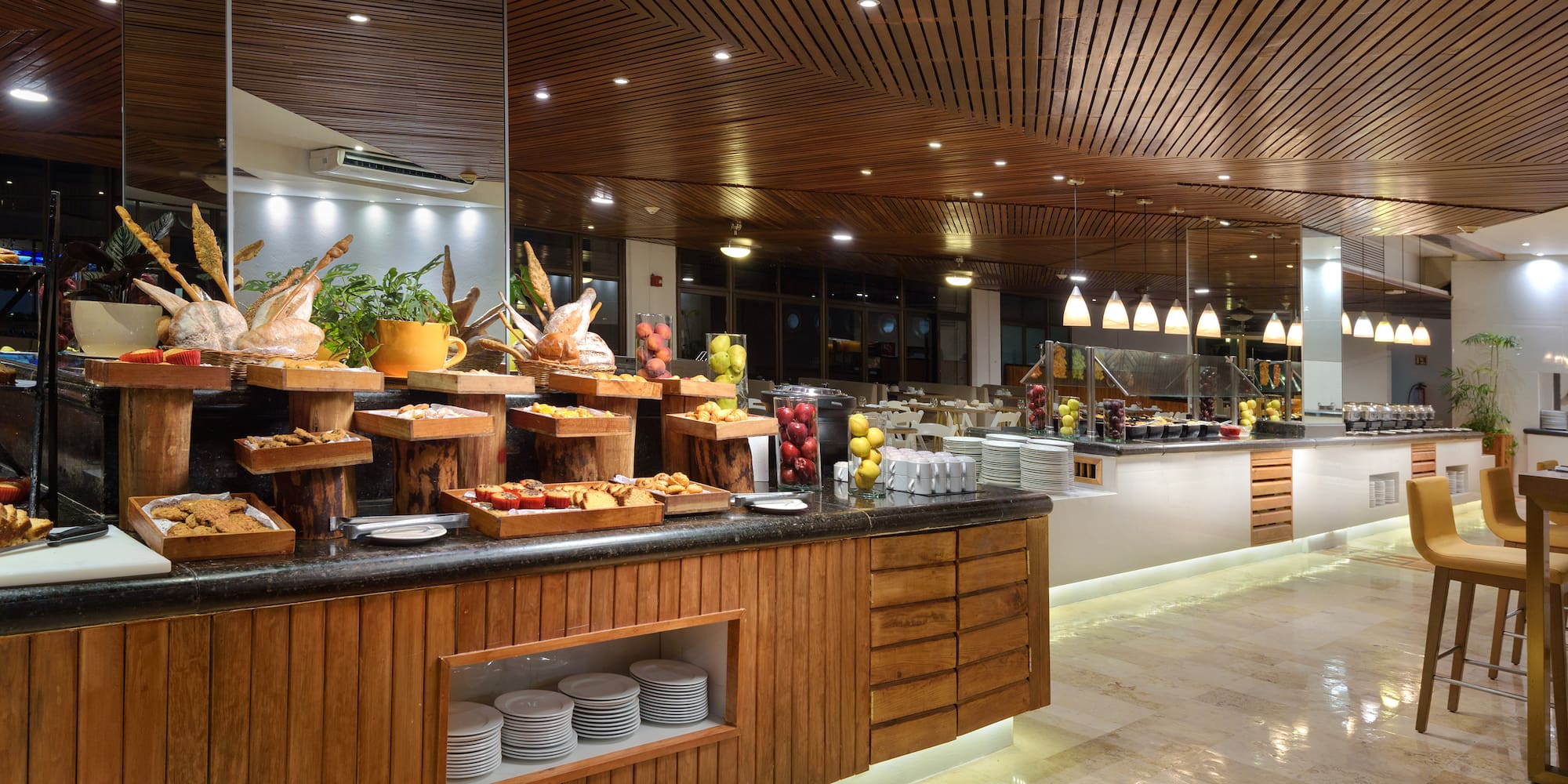 a buffet with food on the counter