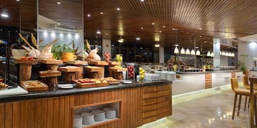 a buffet with food on the counter
