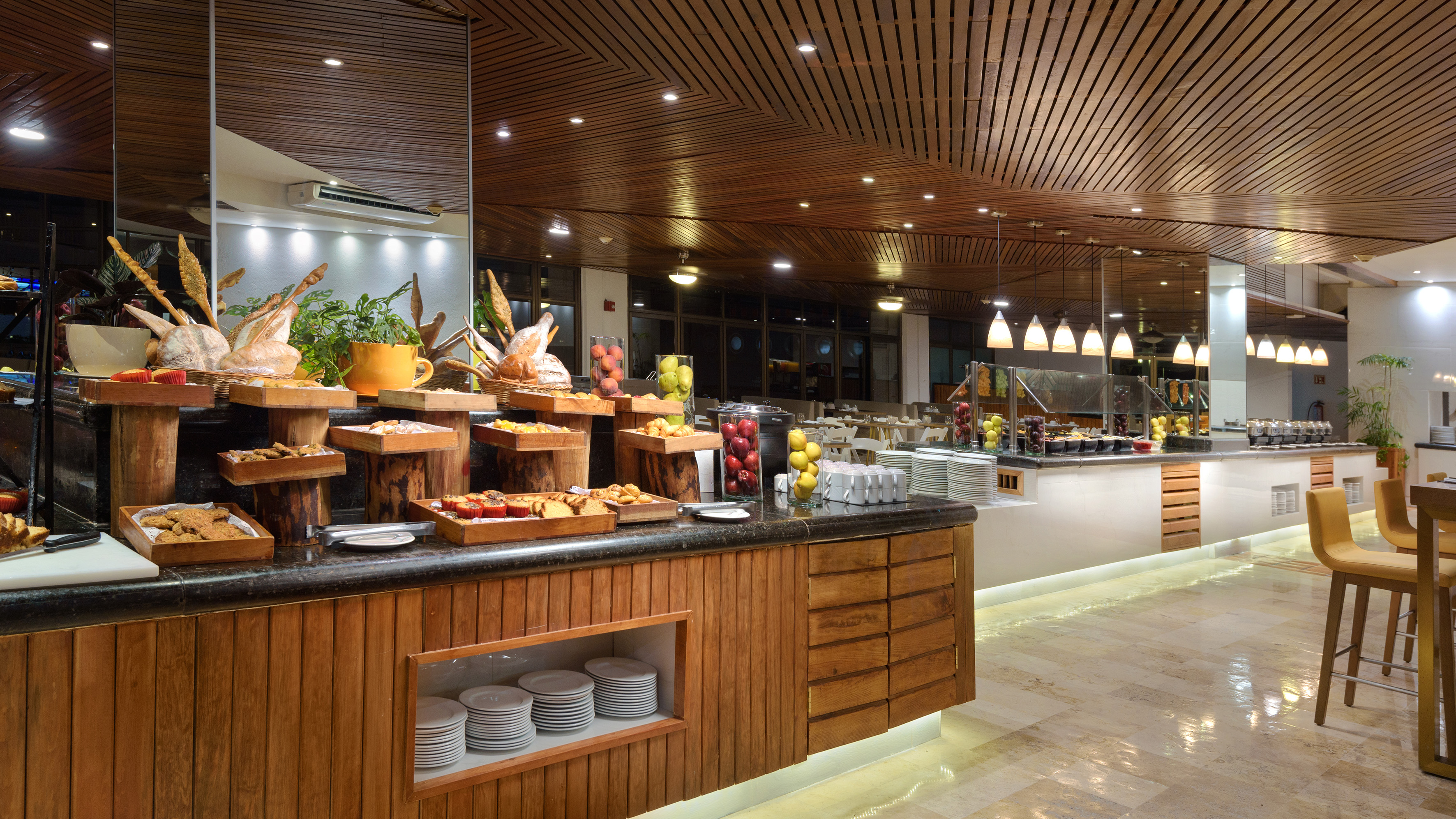 a buffet with food on the counter