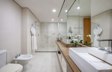 a bathroom with a large mirror and a sink