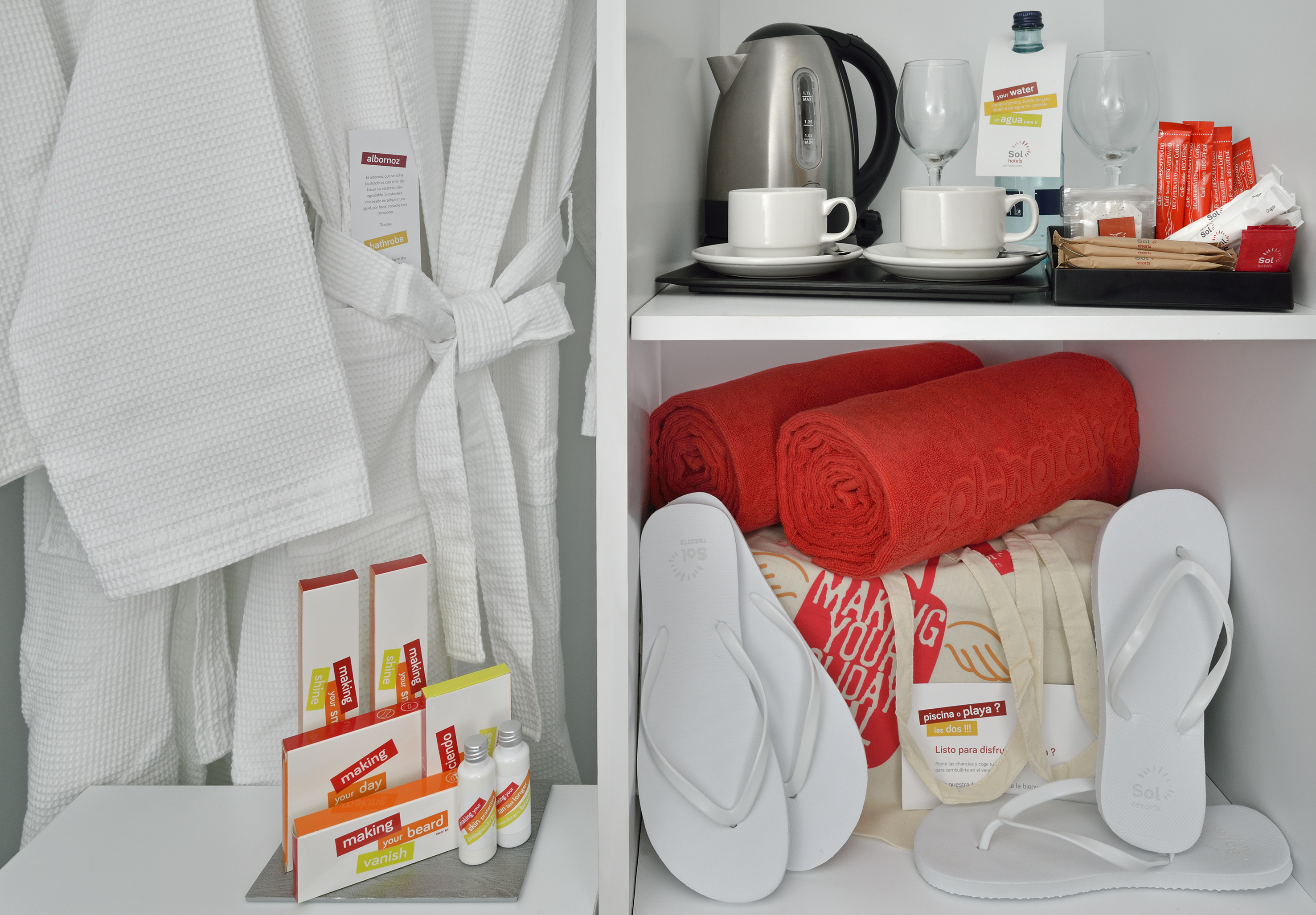 a shelf with towels and towels