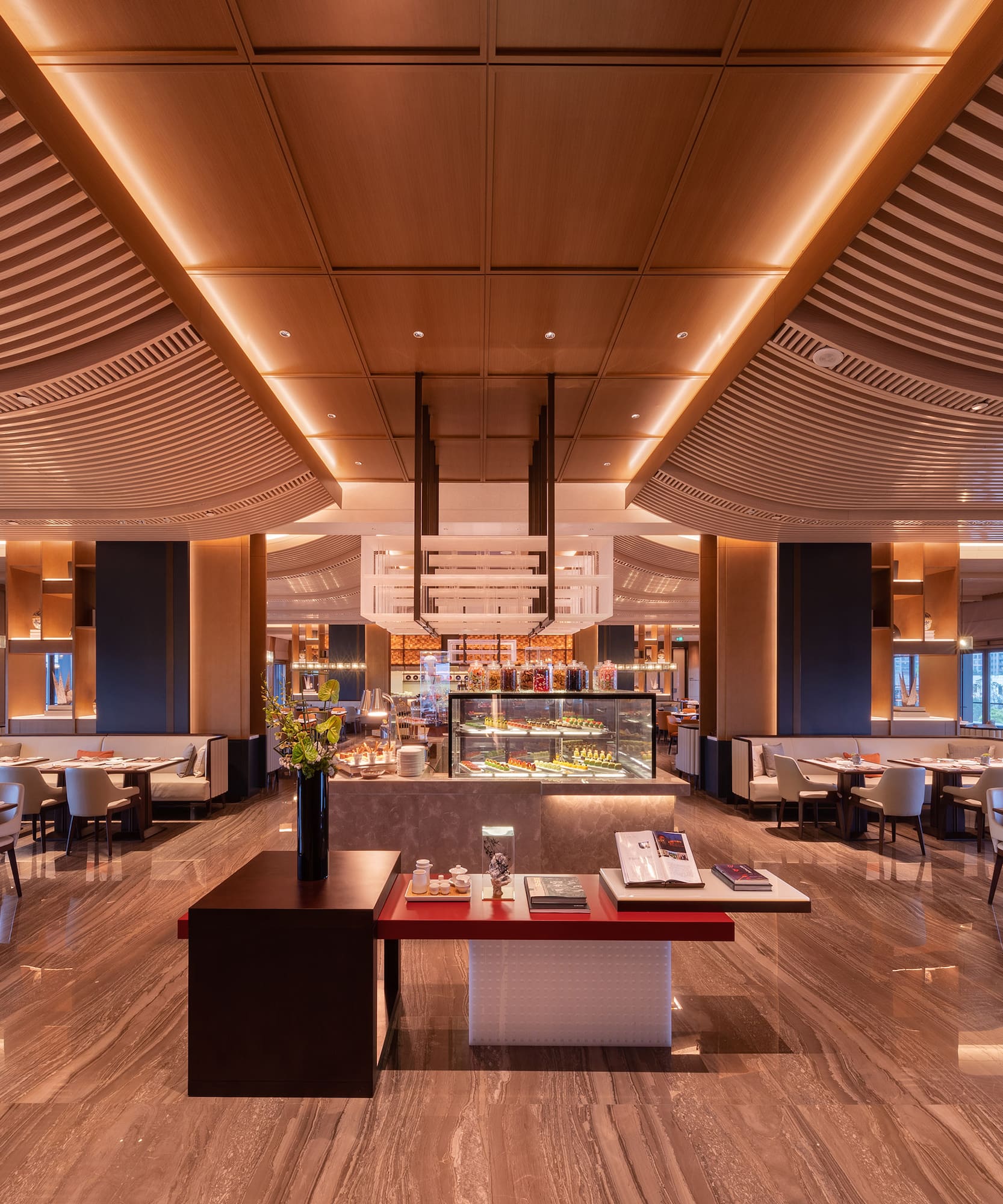 a large room with tables and chairs