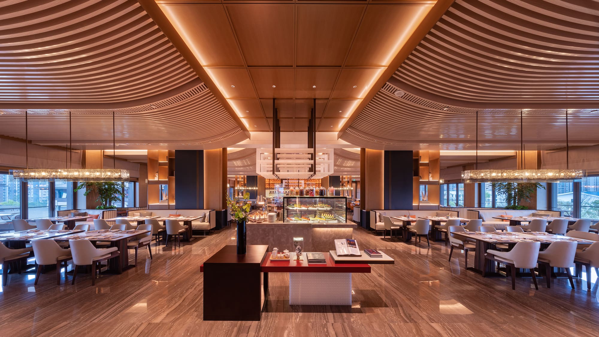 a large room with tables and chairs