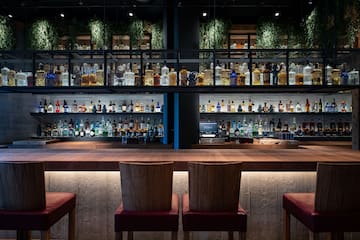 a bar with a shelf of liquor