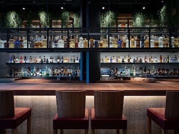 a bar with a shelf of liquor