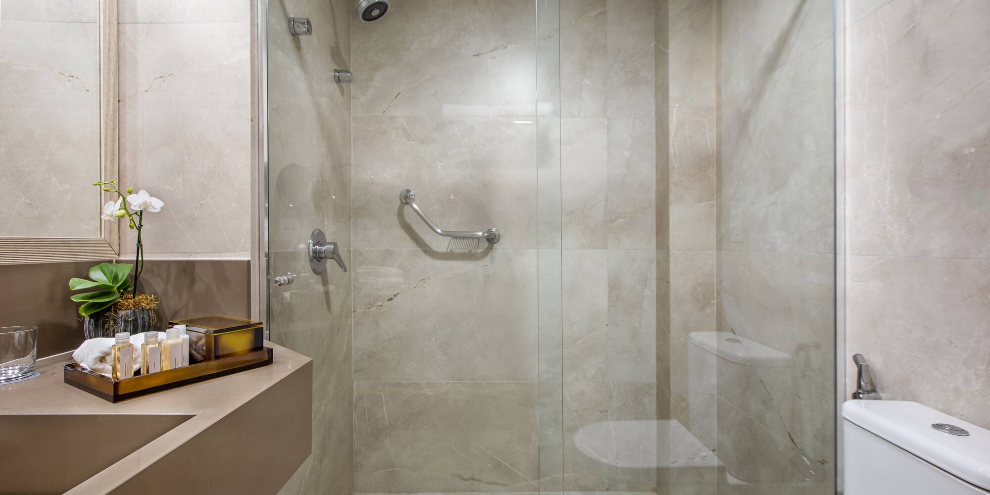 a bathroom with a glass shower