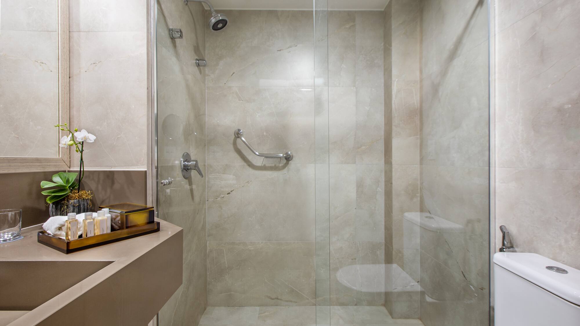 a bathroom with a glass shower