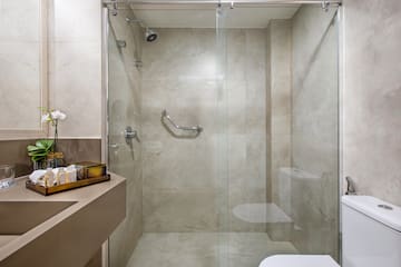 a bathroom with a glass shower