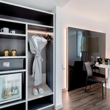 a room with a table and a closet
