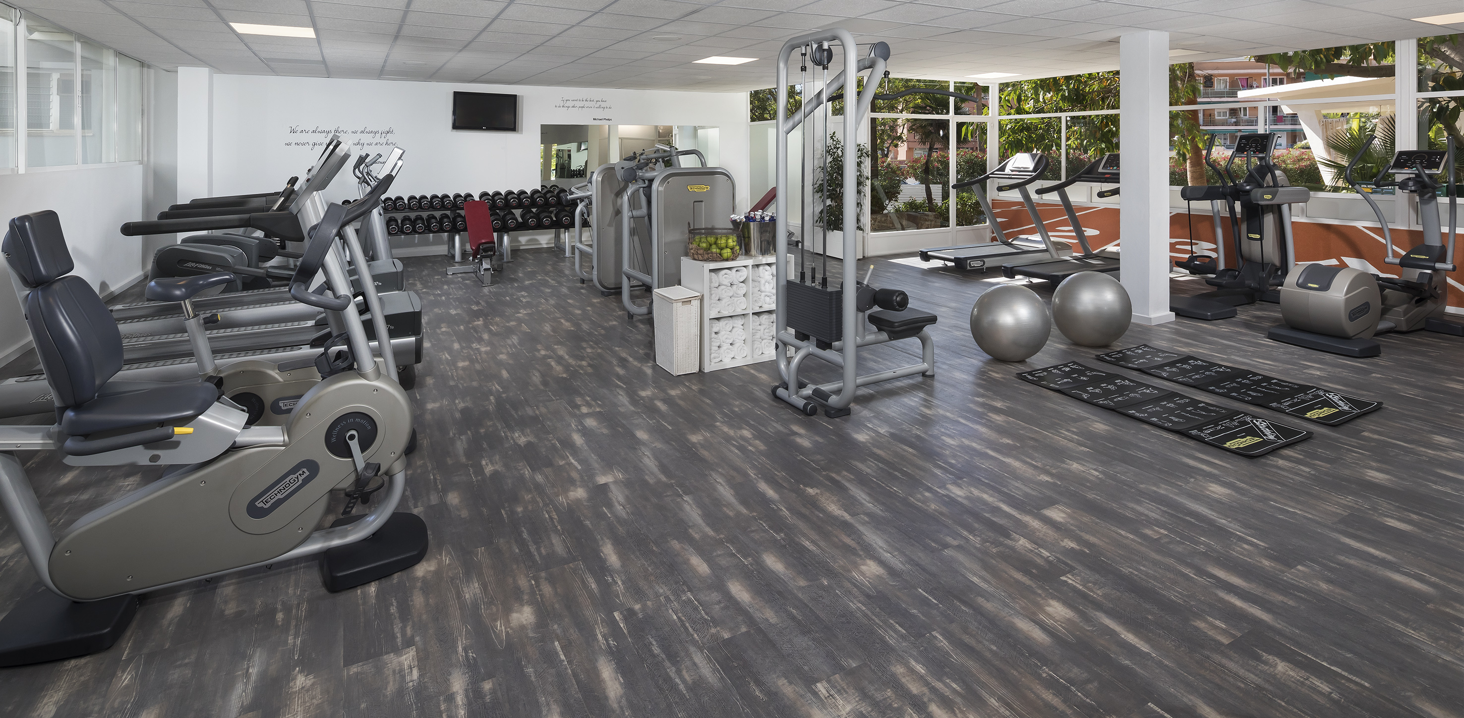 Gym with treadmills, exercise bikes, weight machines, dumbbells, and fitness balls.