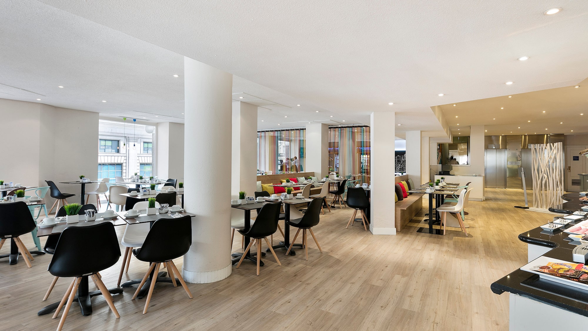 a room with tables and chairs