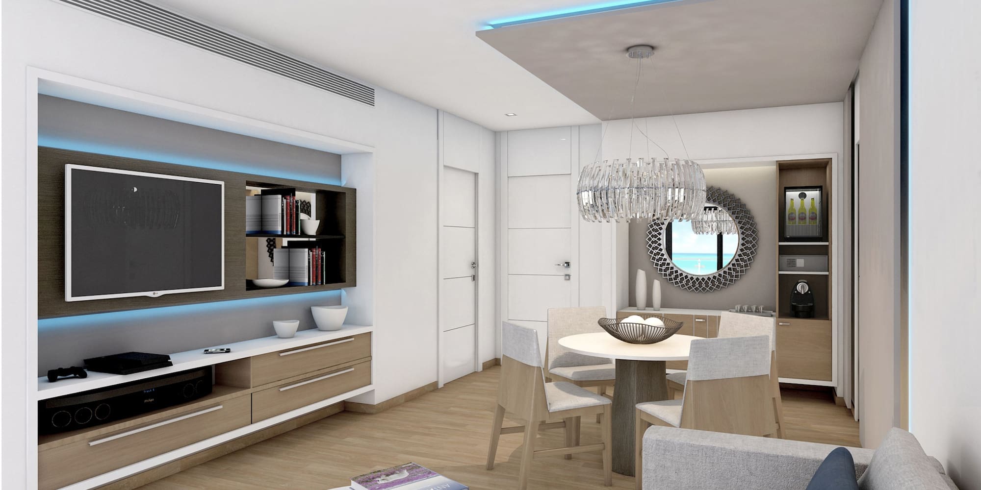 a living room with a tv and a table