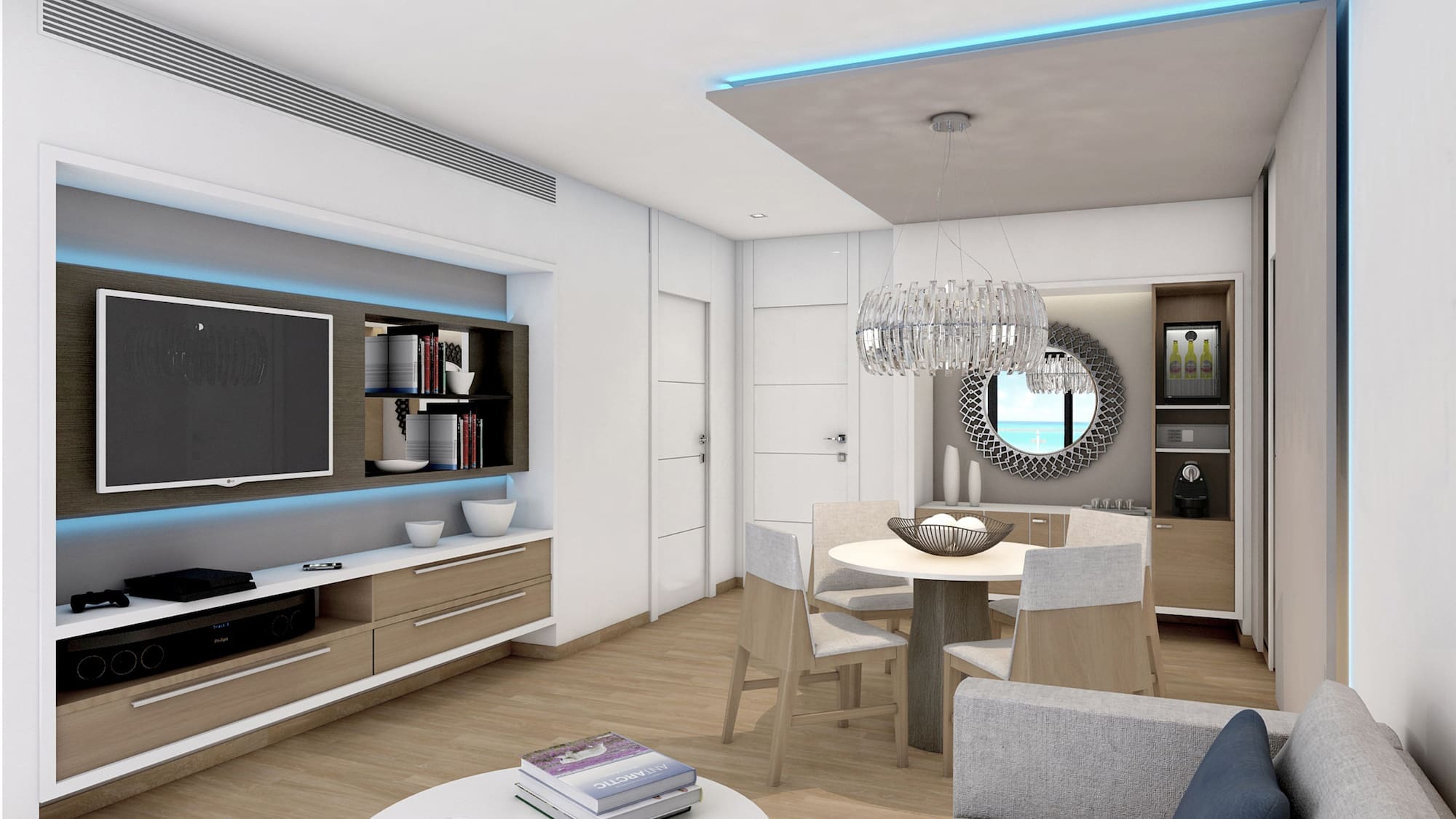 a living room with a tv and a table