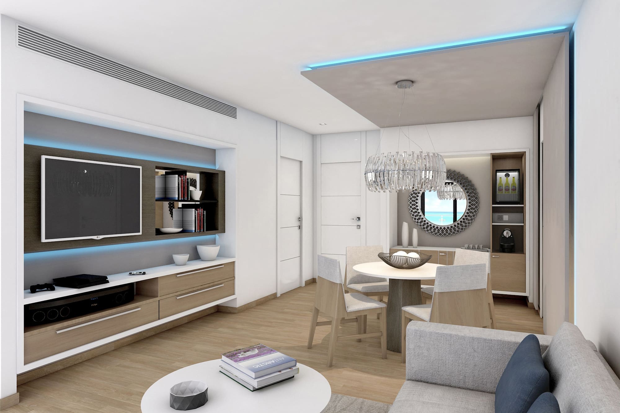 a living room with a tv and a table