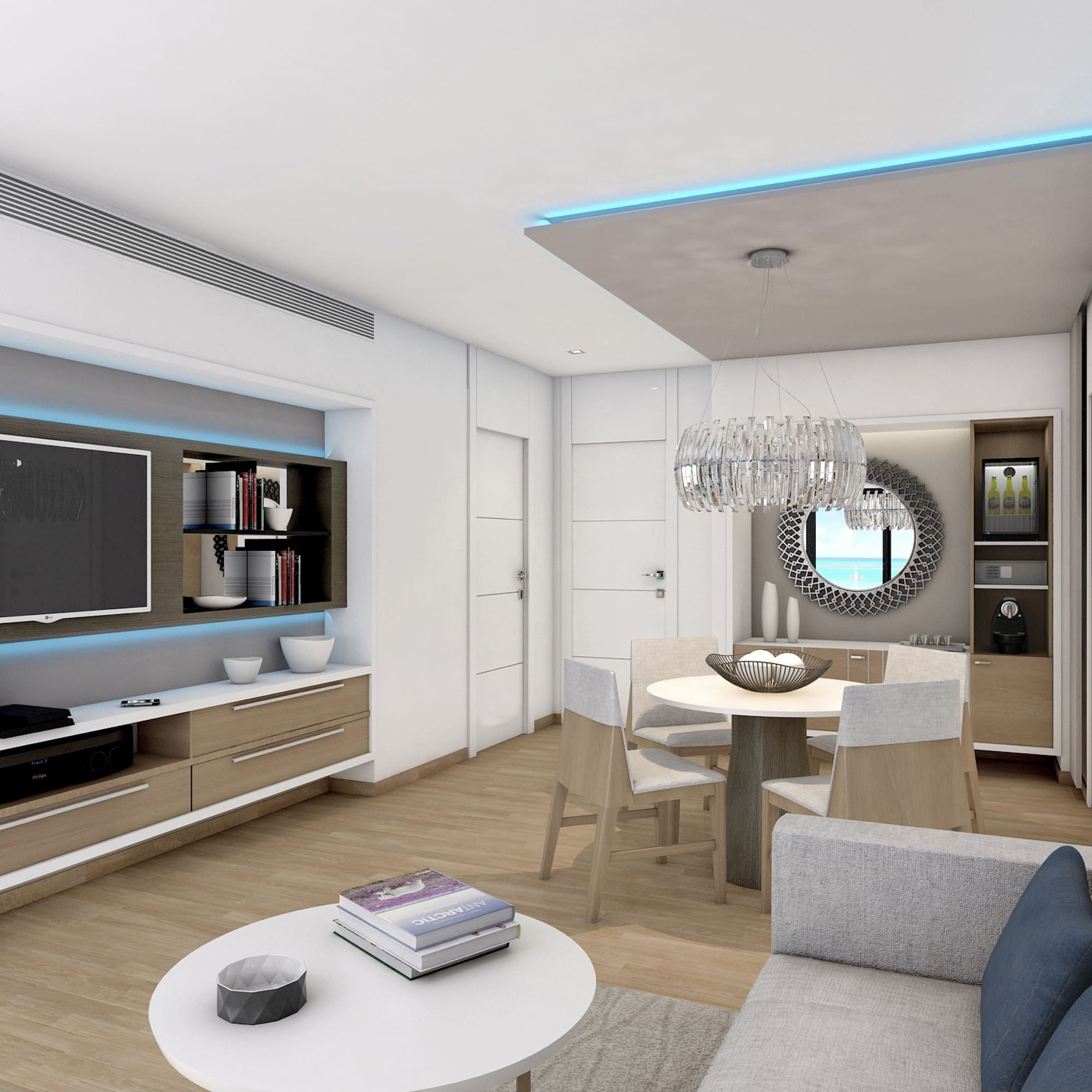 a living room with a tv and a table