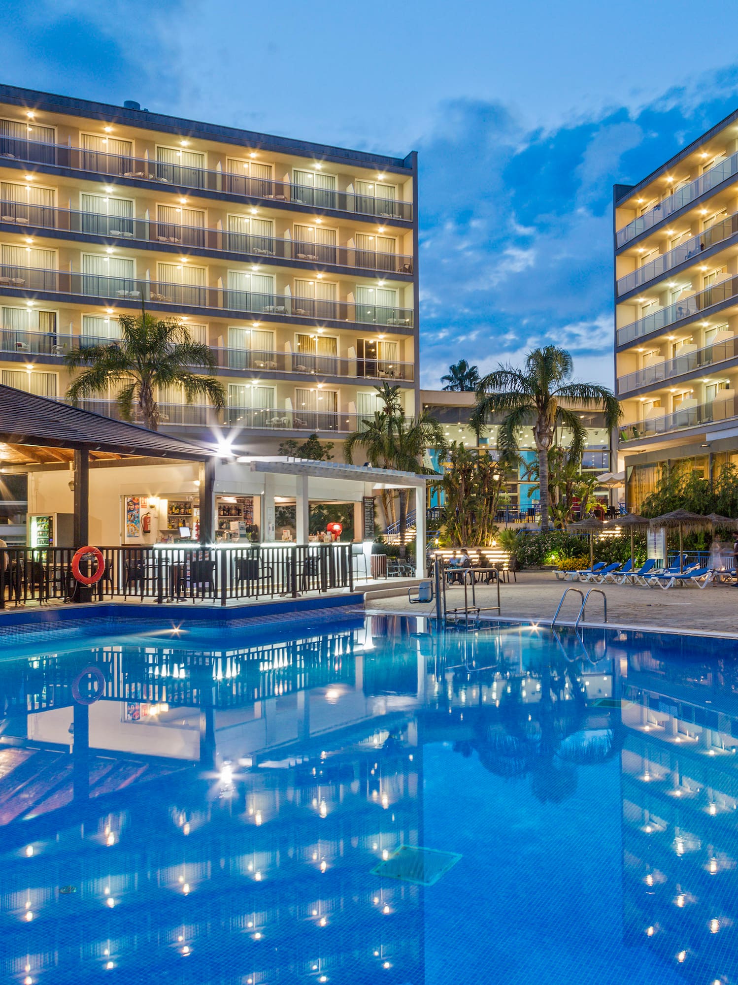 a pool with lights on it