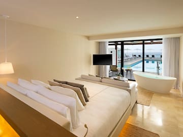 a room with a tub and a bed