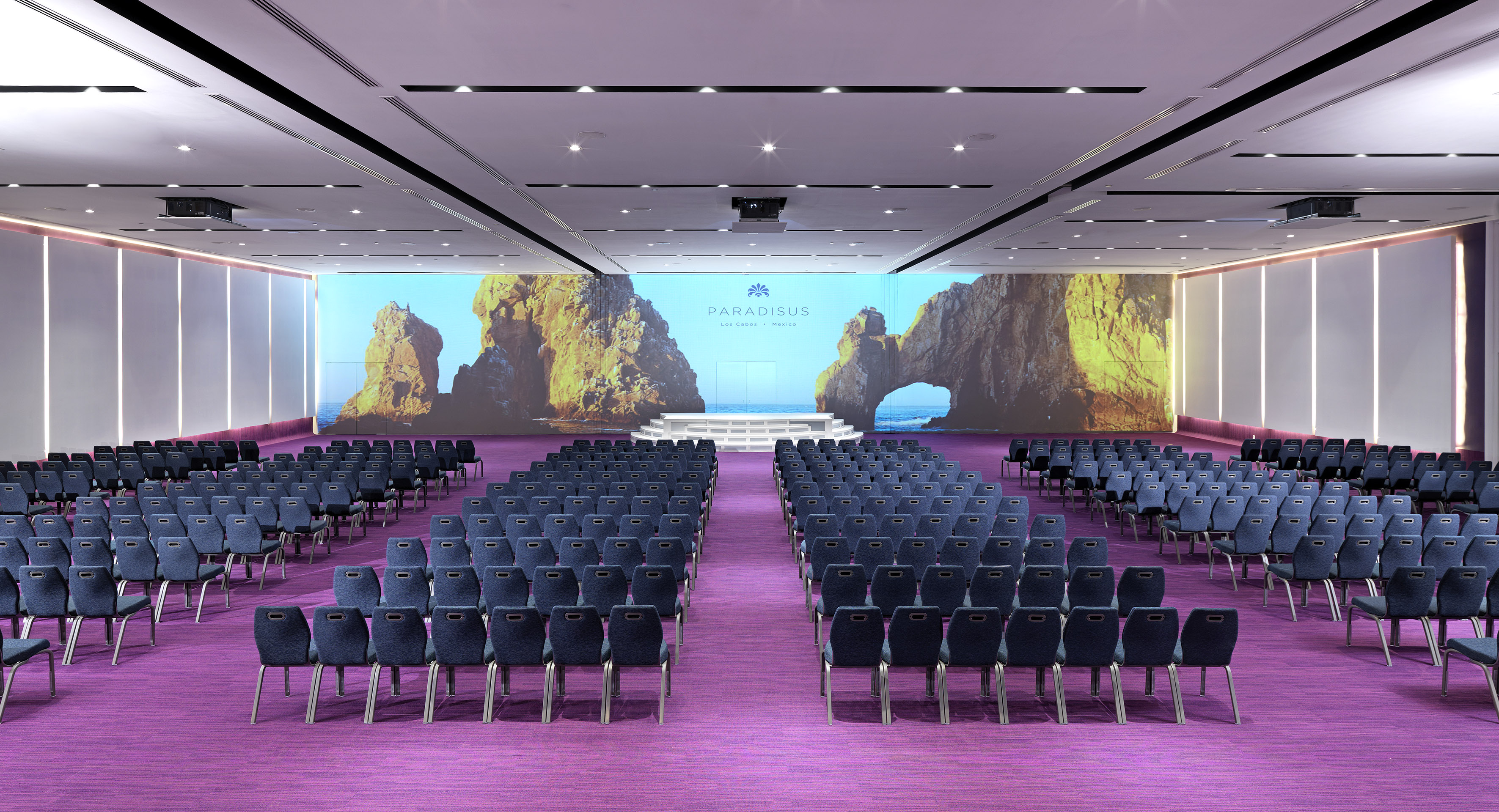 Paradisus conference room, blue chairs, purple carpet, large screen display.