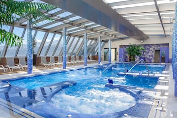 a large indoor pool with hot tubs and a glass roof