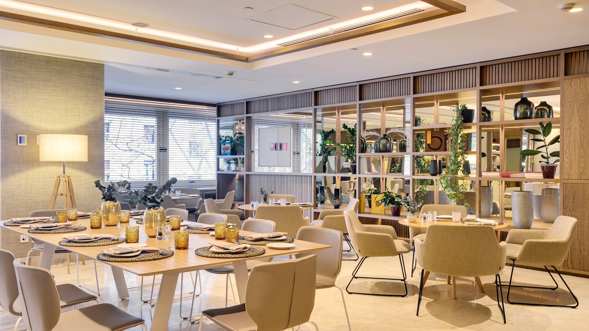 a room with tables and chairs