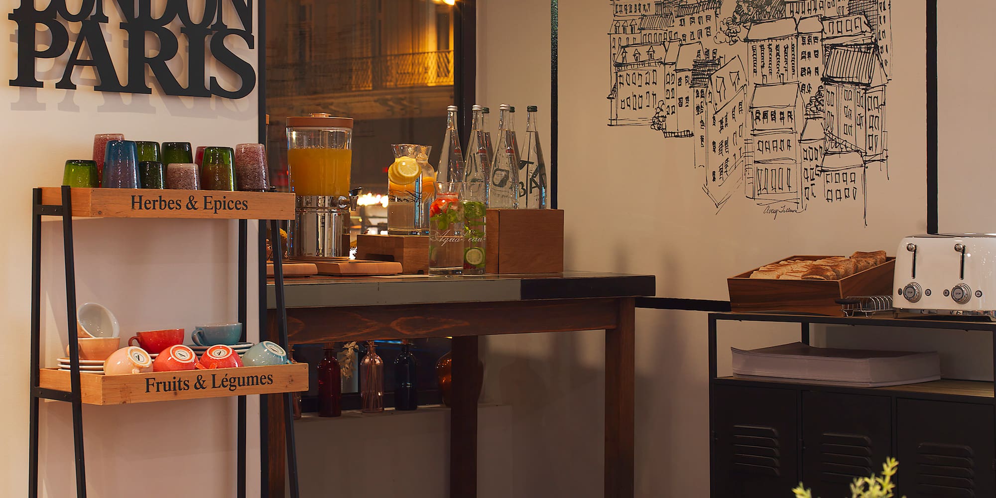 a room with a table and chairs