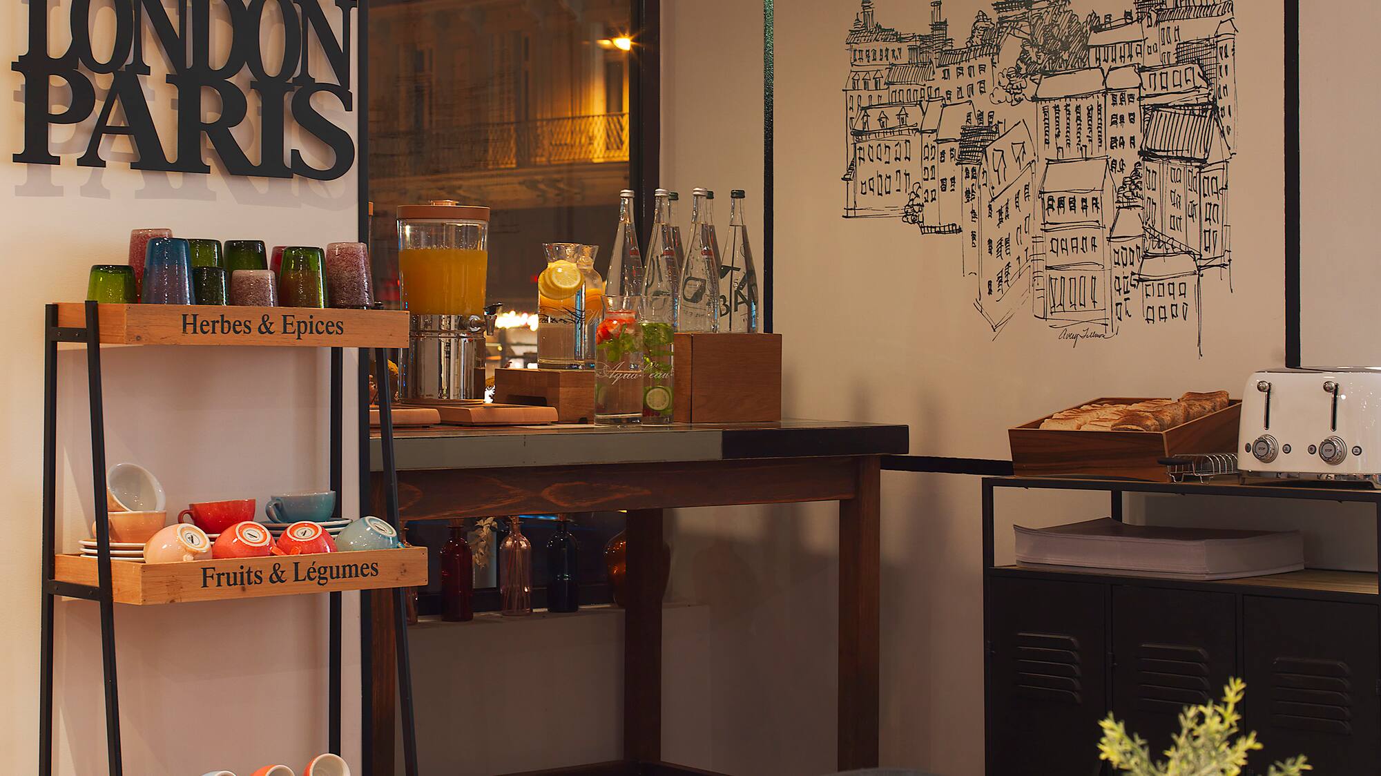 a room with a table and chairs