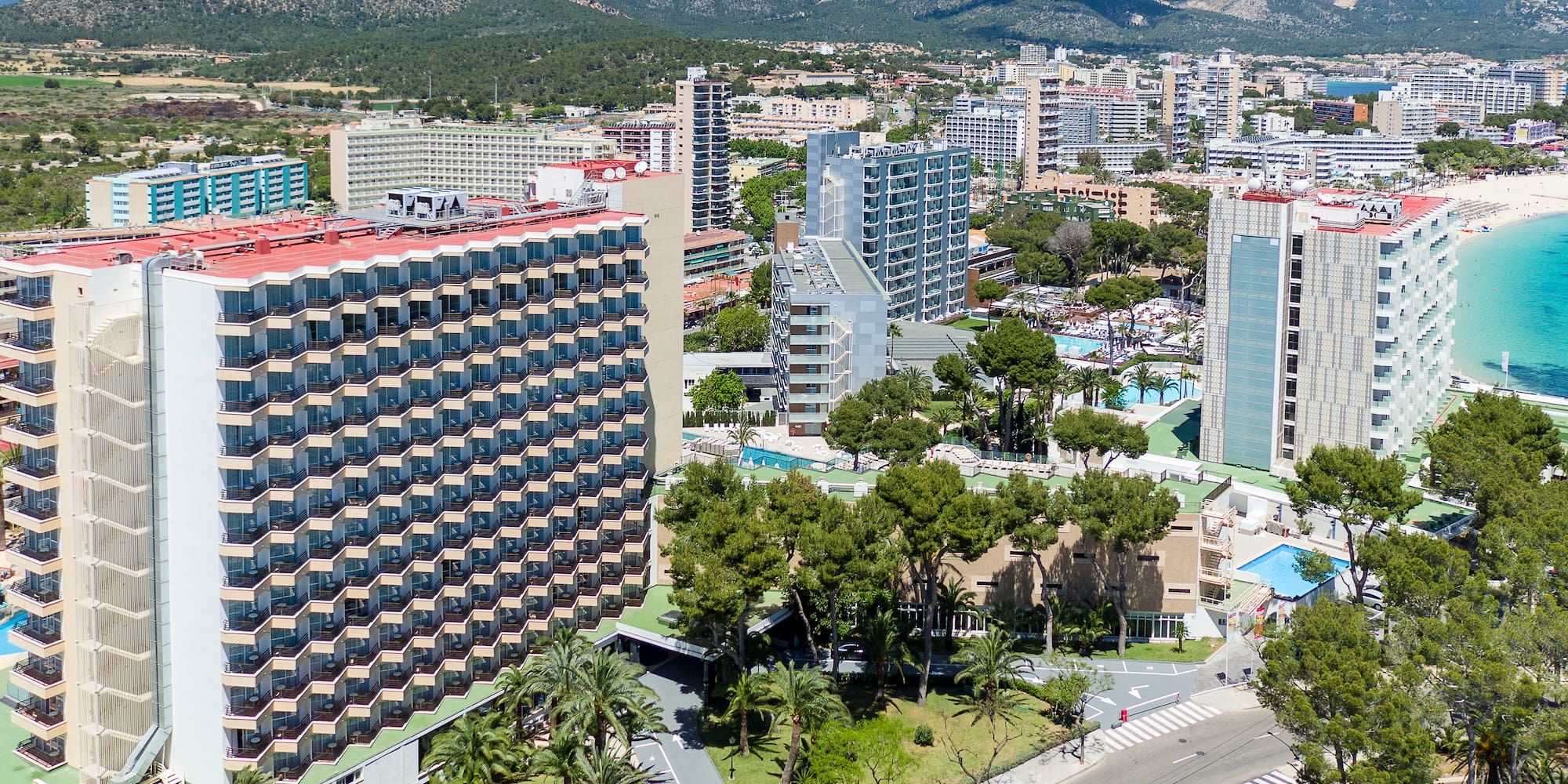 a city with many buildings and trees