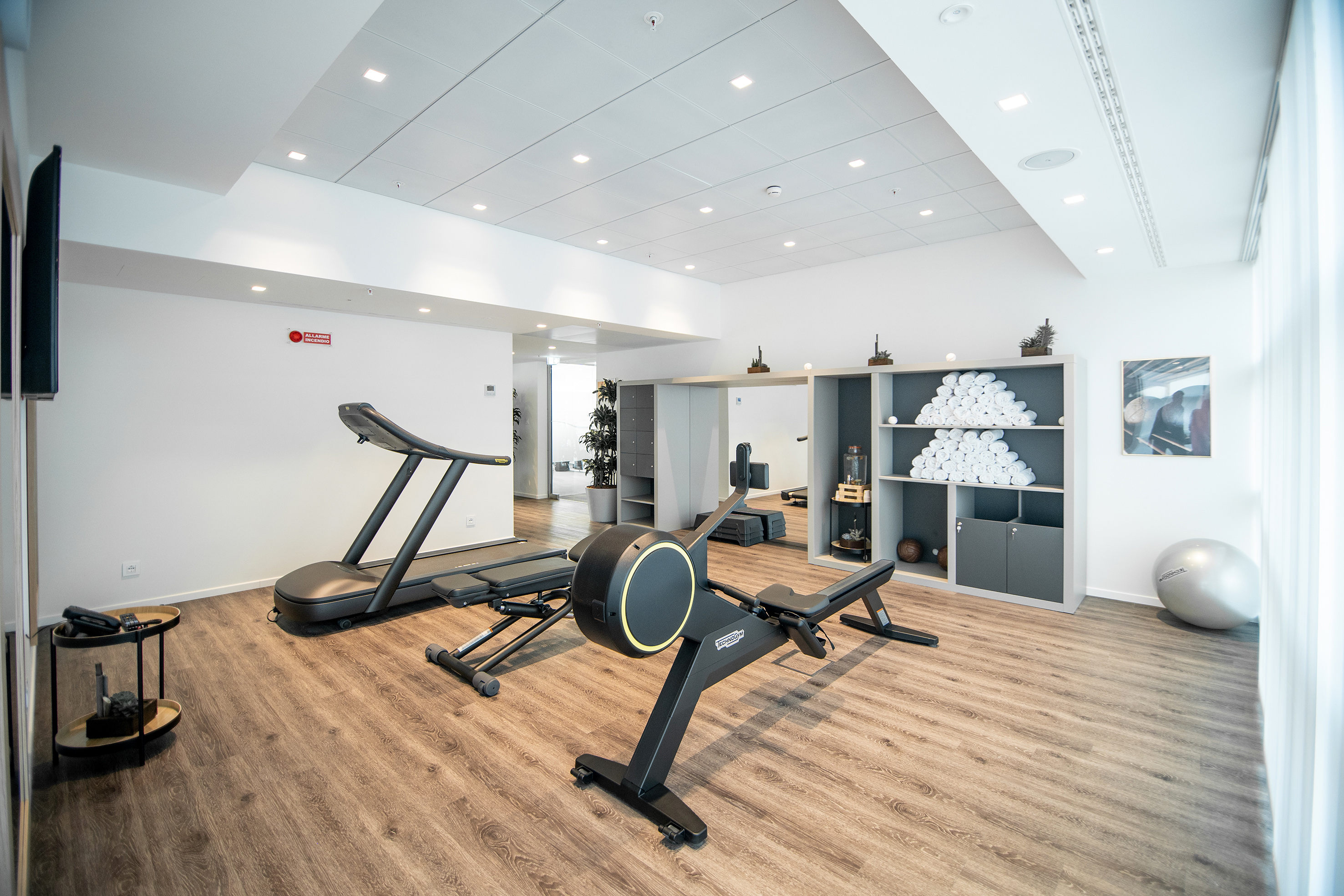 Modern hotel gym with Technogym treadmill, rower, weights, and towels.