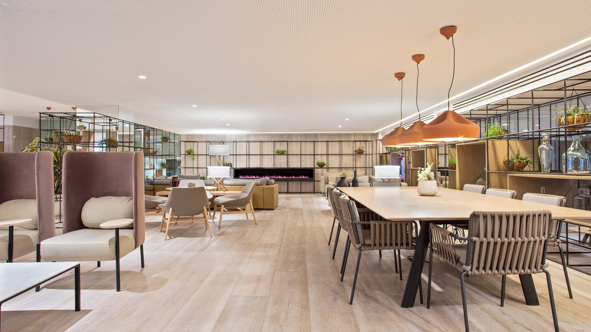 a large room with a table and chairs