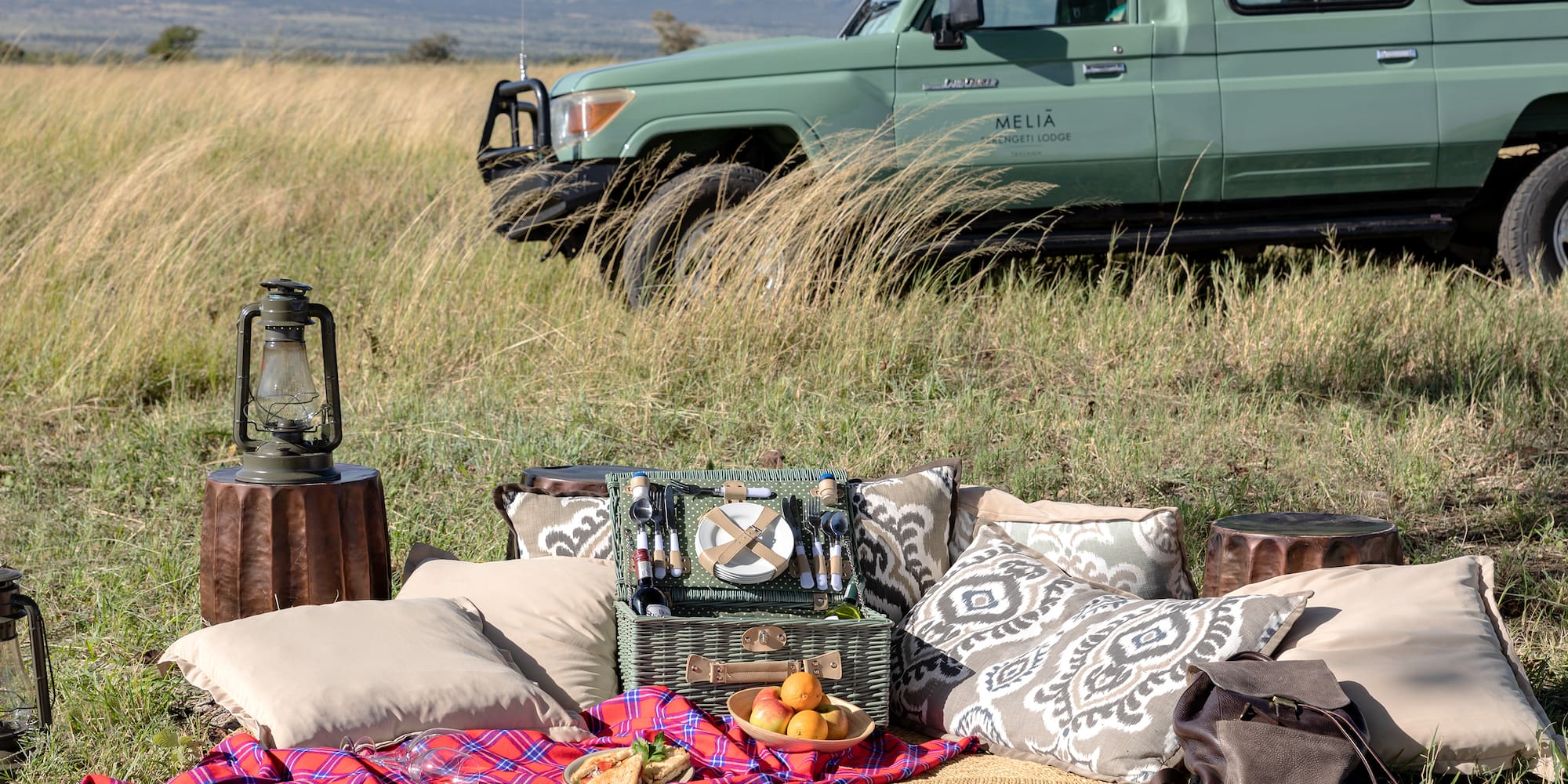 a picnic blanket and picnic basket in a field