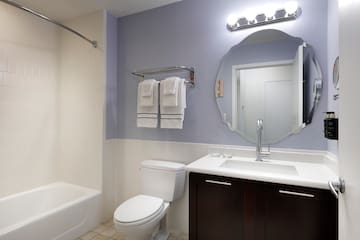 a bathroom with a mirror and a bathtub