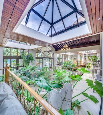 a room with a glass roof and plants