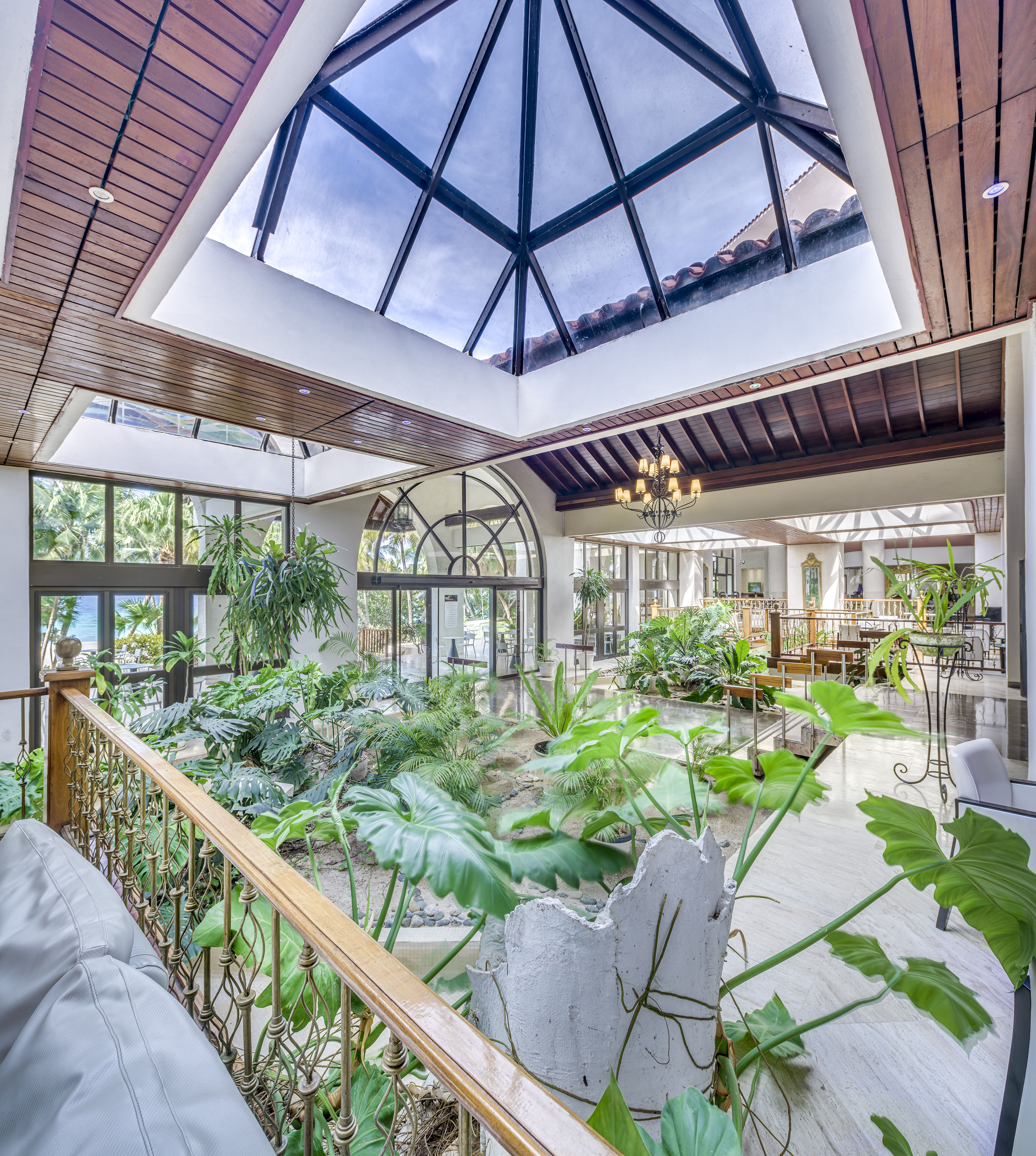 a room with a glass roof and plants