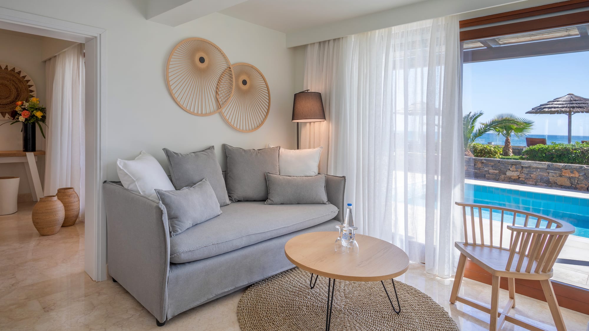 a living room with a couch and a table