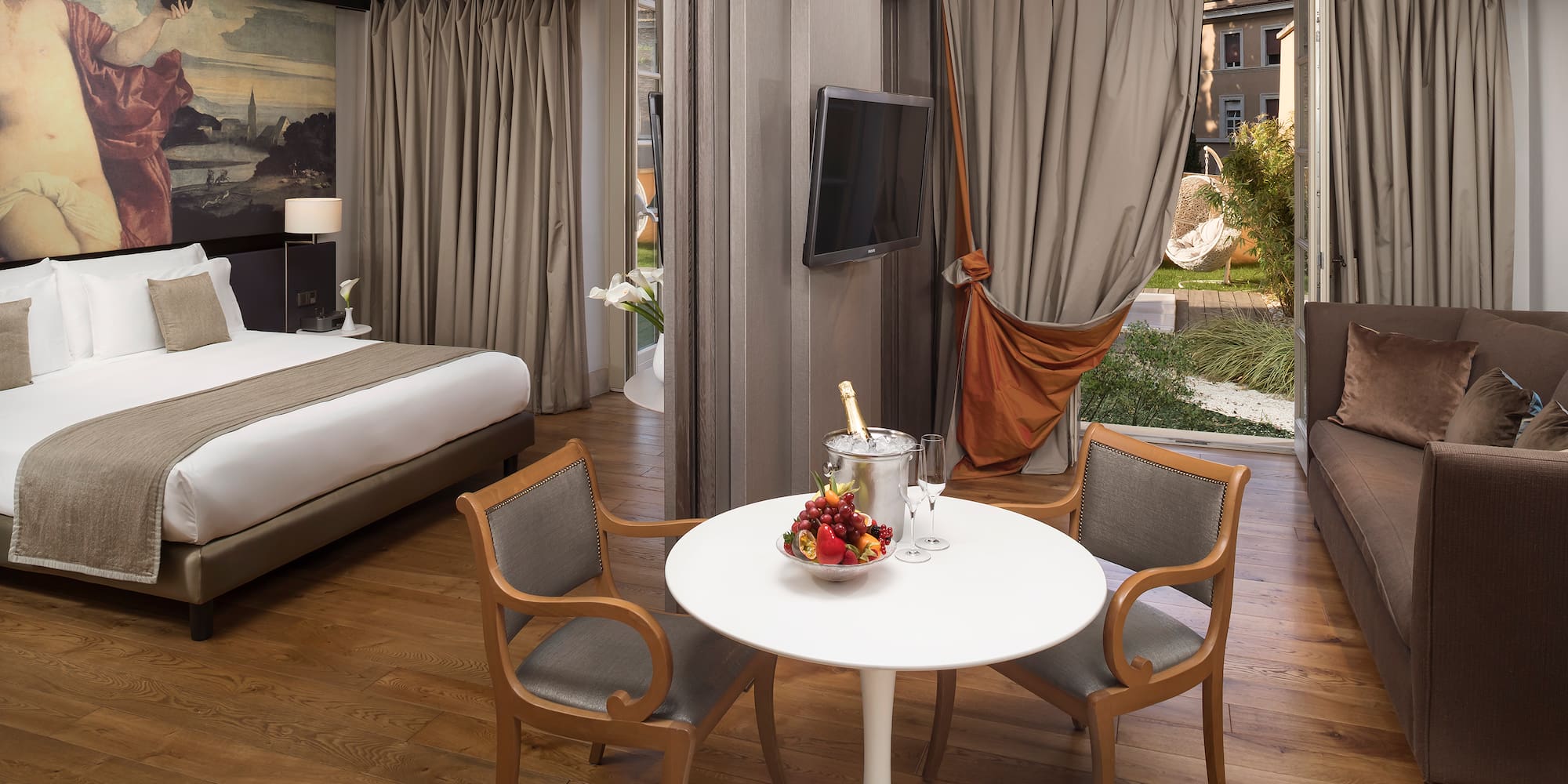 a room with a table and chairs