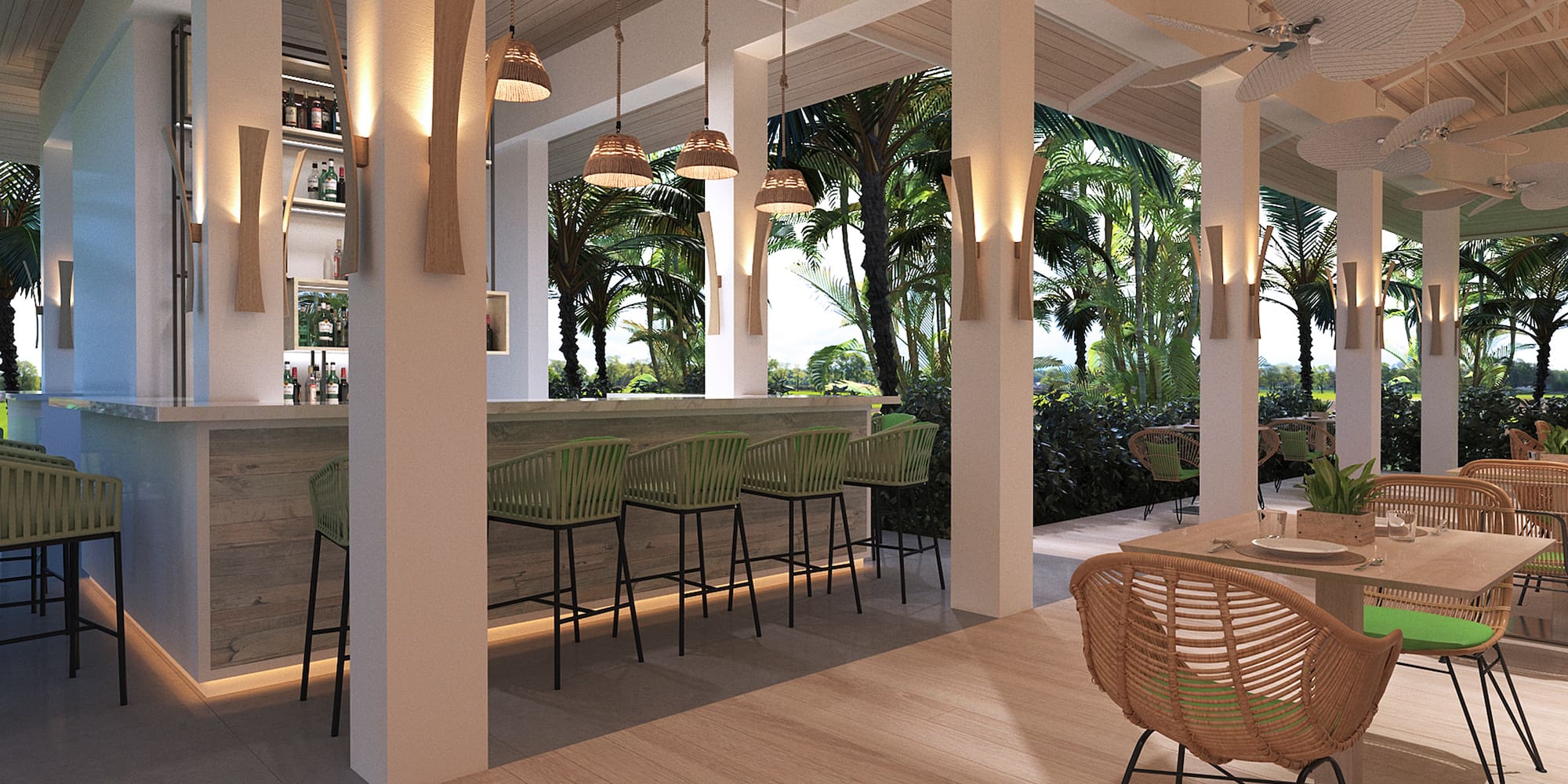 a room with a bar and chairs