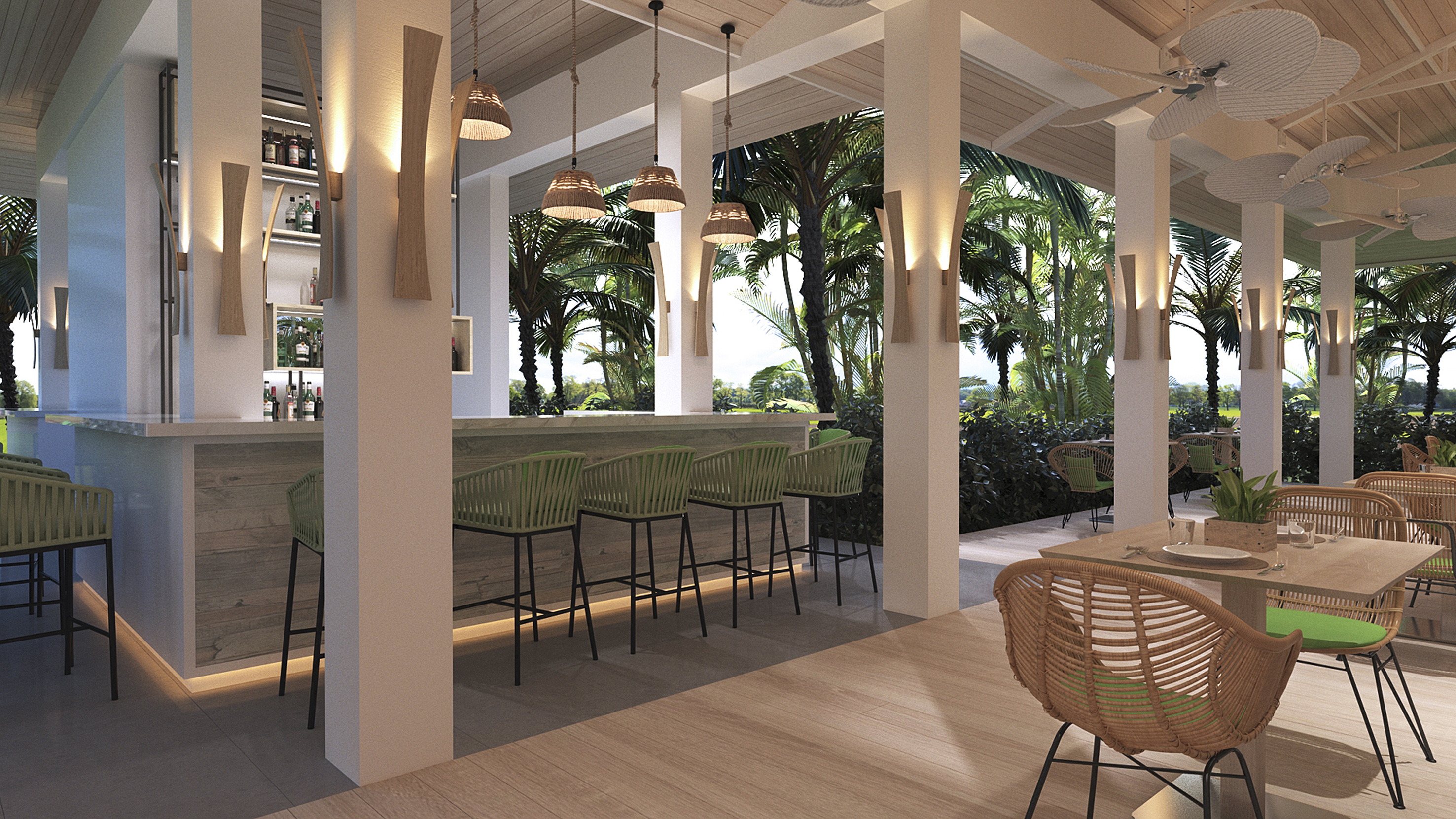 a room with a bar and chairs